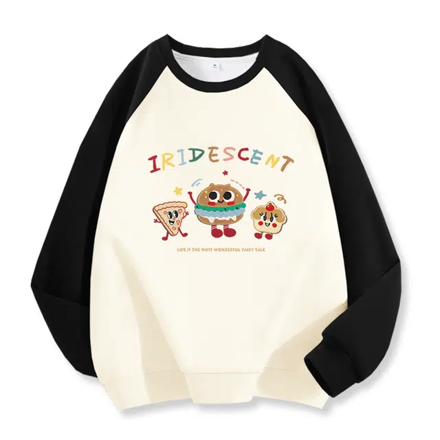 棉致 美食绒布贴涂鸦时尚百搭潮流个性撞色拼色插肩休闲简约无性别主义舒适柔软圆领长袖卫衣 男女同款