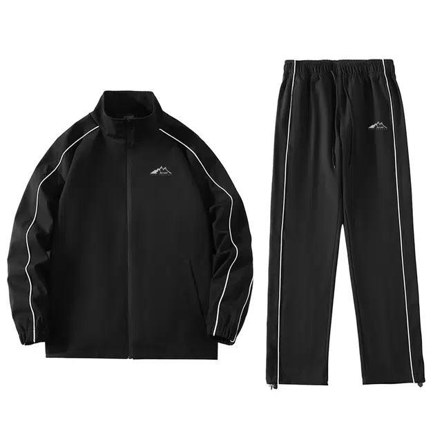 赛琪 复古简约纯色跑步立领拉链开衫卫衣条纹夹克外套松紧腰宽松直筒抽绳束脚长裤休闲运动套装 男女同款