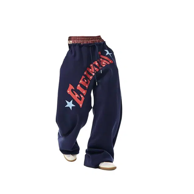 笔杏 学院风风格美式复古小众个性设计字母艺术感印花高级氛围感慵懒风松弛宽松痞帅高街嘻哈休闲裤 男女同款