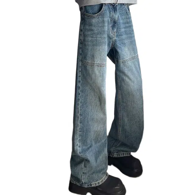 大格子与黑猫 水洗春季美式复古高街拼接直筒阔腿宽松休闲长裤裤子牛仔裤 男女同款