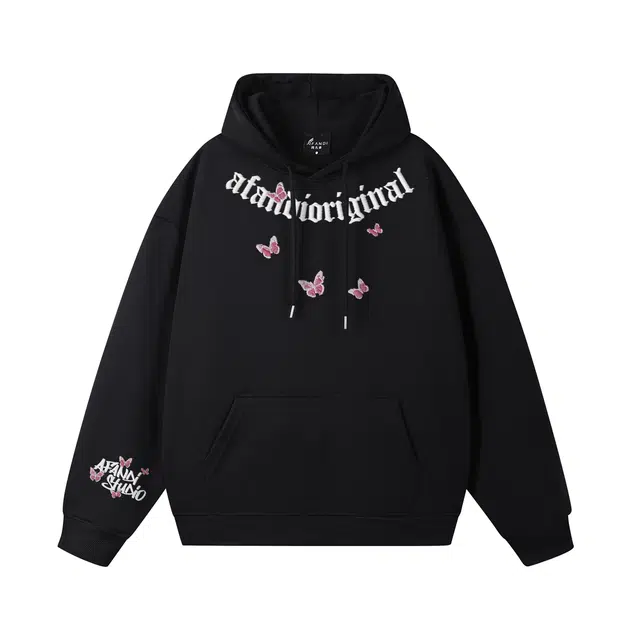 阿凡迪 重磅复古美式创意哥特风蝴蝶元素字母印花高街无性别主义个性甜酷户外通勤休闲运动百搭日常柔软亲肤长袖时尚连帽卫衣 男女同款