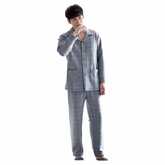 潞优野 高级感衣男士秋季纯棉加厚款长袖家居服秋冬款夹棉薄棉夹层睡衣套装 男款