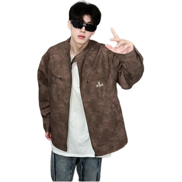 洋气先生 美式复古简约纯色时尚百搭小众高级感潮流痞帅日常通勤运动休闲基础款宽松立领防风保暖耐磨无性别主义外套皮夹克 男女同款