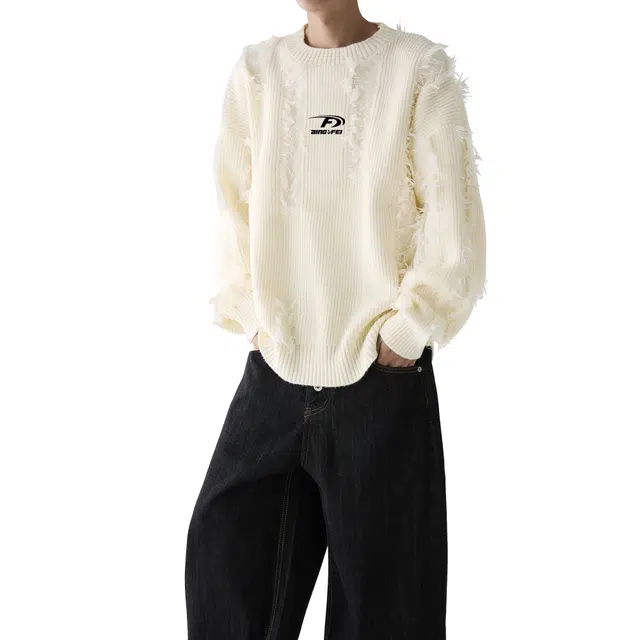 冰飞 美式复古风韩版版型潮流休闲范高街乞丐风毛线衣废土外套随性时尚百搭宽松个性毛衣简约高级感圆领套头针织衫 男女同款