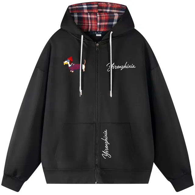 一人之下 美式复古潮流宽松落肩长袖时尚仿刺绣腊肠狗手绘花体签名字母日常通勤简约经典撞色格纹帽衫百搭休闲连帽开衫外套卫衣 男女同款