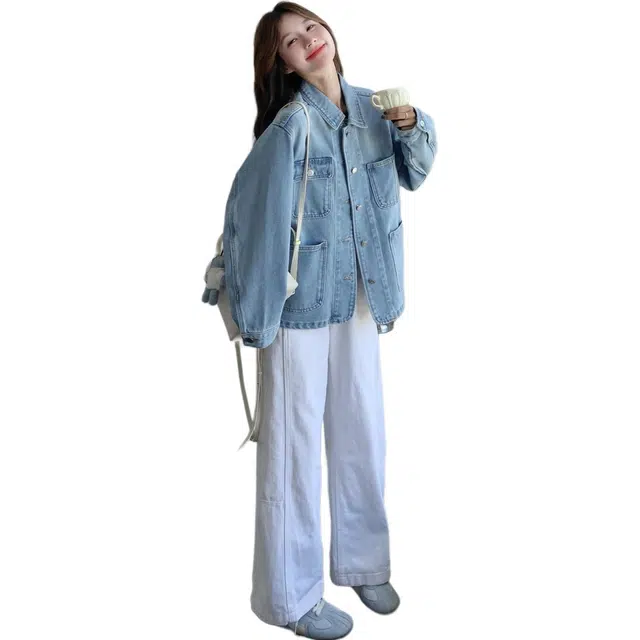 袋鼠 蓝色复古学院风港风小个子休闲百搭翻领款牛仔外套 女款