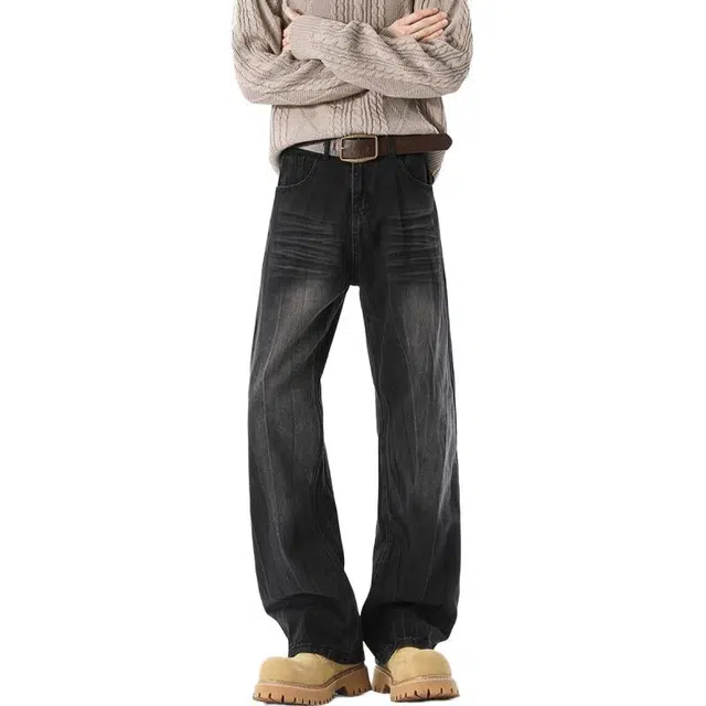 佐菲利 美式闪电纹水洗潮牌设计感直筒裤垂感拖地阔腿裤牛仔裤 男女同款