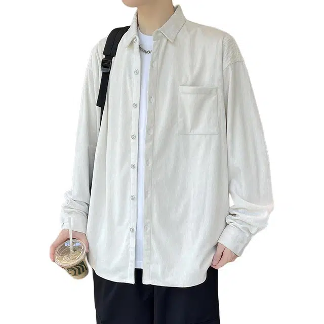 冈哉 经典灯芯绒古着休闲翻领口袋宽松显瘦廓形开衫情侣衬衣春秋款长袖单排扣基础款叠感穿潮搭垂感痞帅舒适打底衬衫 男女同款