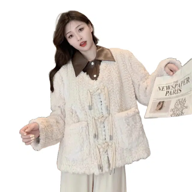 桴生 韩版牛角扣羊羔毛冬季宽松加厚高级感小个子短款毛毛绒棉服绒感外套 女款