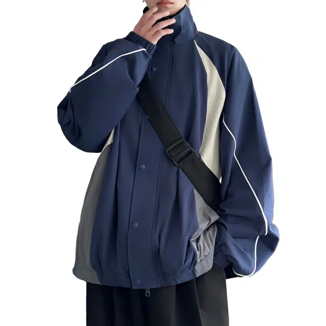 冈哉 织带拼接撞色立领多拉链设计美式潮流时尚舒适百搭宽松休闲运动上衣夹克外套 男女同款