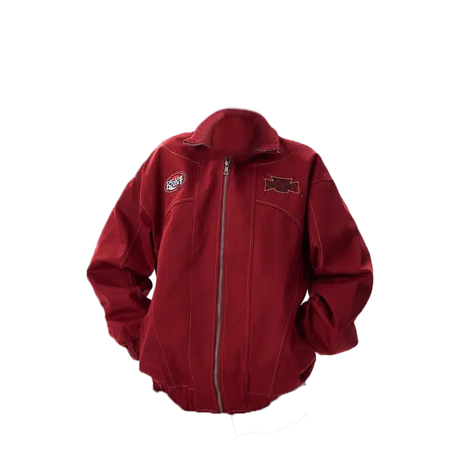 一碗士多 纯色简约拼接复古美式百搭小众宽松舒适拉链立领明线设计通勤户外出街落肩袖外套夹克 男女同款