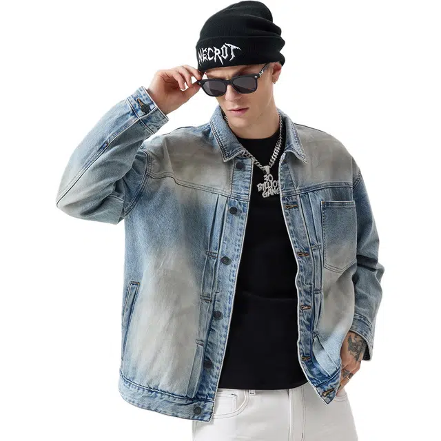 逆腾 秋季做旧工装夹克男美式高街水洗宽松翻领男士渐变牛仔外套 男女同款
