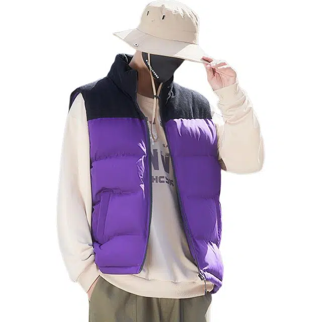 冈哉  灯芯绒拼色情侣休闲立领背心纯色港风保暖棉衣外套拉链宽松个性百搭简约舒适潮流潮酷户外日常通勤棉服   羽绒马甲  男女同款