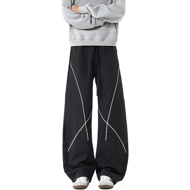 佐菲利 美式设计感潮牌弯刀撞色哈苏线宽松直筒阔腿拖地裤休闲裤 男女同款