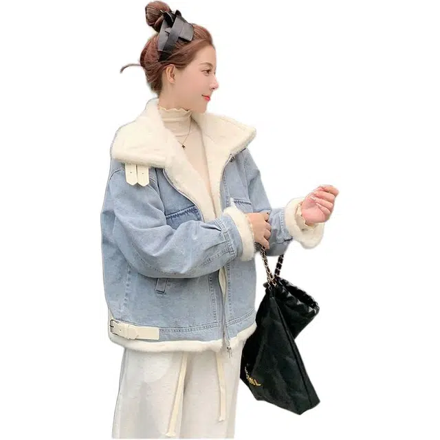 邓大喵 韩版加绒加厚女冬季高级感羊羔毛皮带扣立领夹克棉衣棉服牛仔外套 女款