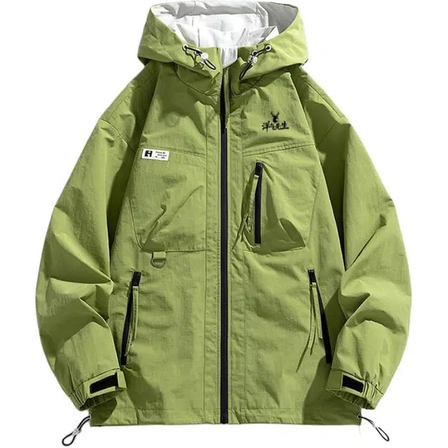 洋气先生 美式复古印花设计痞帅连帽拉链高级纯色长袖休闲舒适防风日常户外通勤徒步旅行简约时尚百搭工装夹克外套 男女同款