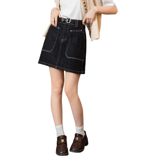 法文箱子 拼接直筒小个子纯色常规休闲牛仔短裙 女款