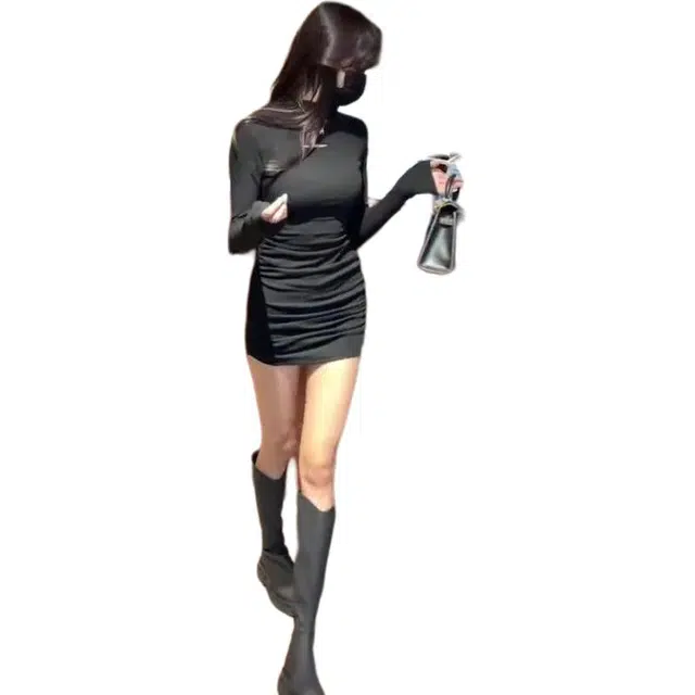 纤丝鸟 性感辣妹半高领纯欲风时尚镂空包臀裙子长袖连衣裙 女款