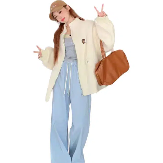 邓大喵 重磅日系 可爱小雄绣花立领棒球服女秋冬宽松休闲显瘦开衫外套夹克 女款