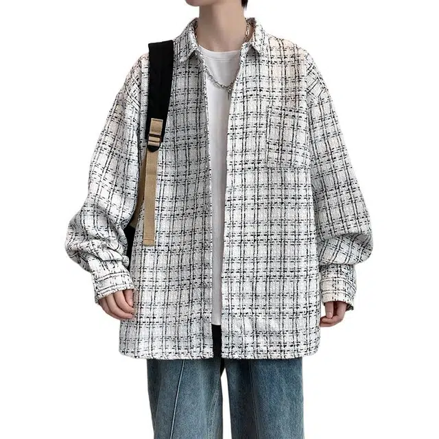 冈哉 小香风古着经典格纹休闲翻领口袋宽松显瘦廓形开衫外套情侣衬衣春秋款长袖单排扣基础款叠感穿潮搭垂感痞帅舒适衬衫 男女同款