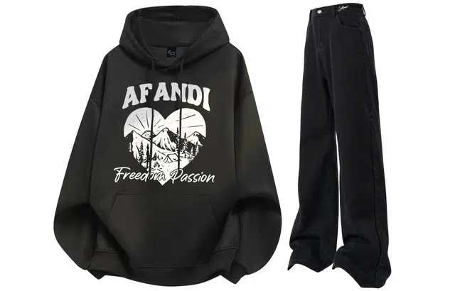 阿凡迪 美式复古街头简约基础设计爱心景象花体字母印花宽松舒适百搭时尚潮流通勤连帽长袖卫衣中腰直筒微喇牛仔裤休闲运动套装 男女同款