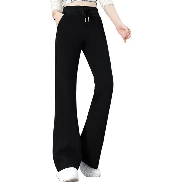 缪斯的诱惑 美式高街复古韩系时尚潮流纯色针织裤高腰宽松垂感阔腿裤抽绳轻便运动裤显瘦显腿长舒适直筒长裤秋冬通勤简约百搭酷飒休闲裤 女款