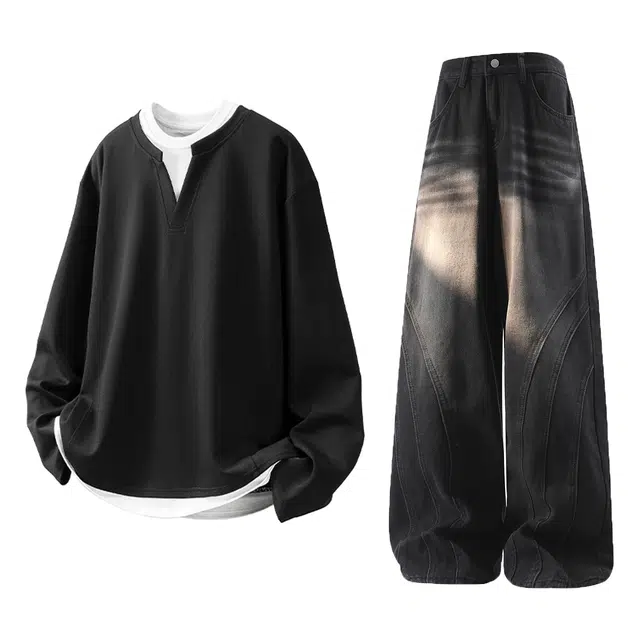 梓润格 美式潮流复古假两件圆领设计纯色简约时尚高级感宽松舒适日常随性百搭无性别主义高街拼接做旧个性阔腿裤休闲运动套装 男女同款