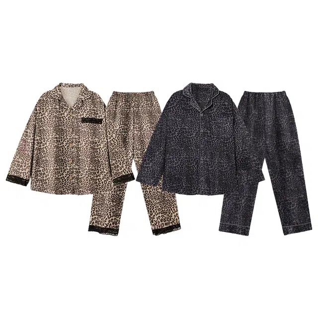 静英鸾 翻领豹纹时尚简约风休闲舒适家居服睡衣套装 男女同款