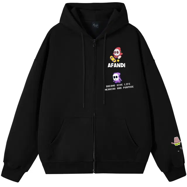 阿凡迪 【重磅华棉】美式嘻哈街头基础款可爱卡通滑板像素风潮牌字母高街简约高级感校园日常通勤百搭无性别开衫拉链连帽卫衣 男女同款