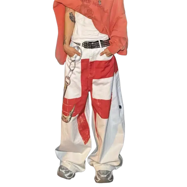 笔杏 美式复古潮流宽松舒适百搭街头风裁剪个性艺术感小众设计阔腿拖地痞帅时尚青春流行休闲简约嘻哈日常通勤牛仔裤 男女同款