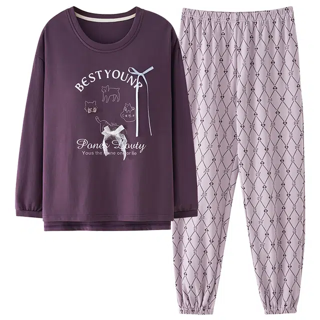 莫代尔 纯棉轻盈透气舒适圆领套头轻柔亲肤细腻自带胸垫防凸点家居服可外穿睡衣套装 女款