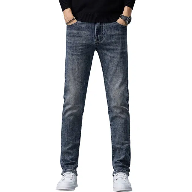 潮人榜 秋冬季美式高端潮牌复古高质感修身小脚长裤子潮流百搭休闲时尚显高显瘦加绒保暖牛仔裤 男款