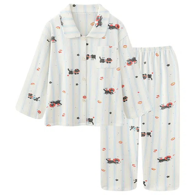 俏霓桐 甜美可爱卡通条纹加绒翻领开衫保暖德绒蓄温长袖长裤家居服可外穿睡衣套装 女款