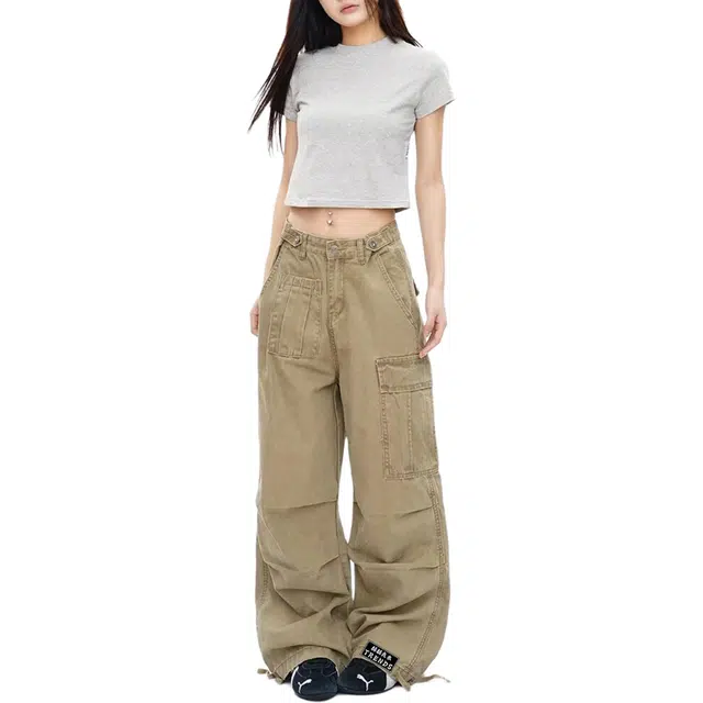 口袋褶皱工装直筒赫赫良衣 美式复古高街潮流宽松舒适纯色垂感简约基础款透气长裤子日常通勤时尚机能户外运动显高显瘦百搭休闲裤 男女同款