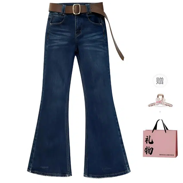 柏黛妃 小众做旧复古喇叭加绒加厚不贴腿宽松高腰水洗显瘦裤子拖地长裤牛仔裤 女款