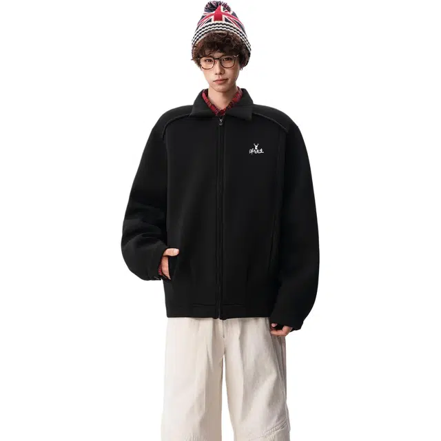 洋气先生 美式复古简约纯色时尚百搭褶皱设计小众高级感潮流痞帅日常通勤运动休闲基础款宽松翻领防风保暖耐磨无性别主义外套夹克 男女同款