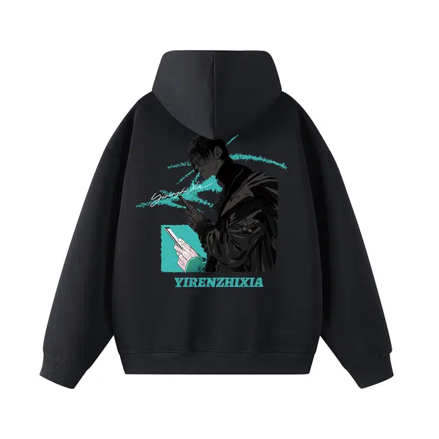 一人之下 官方漫画诸葛青人物幻影图案艺术字母印花设计宽松舒适时尚潮流百搭休闲日常通勤落肩长袖连帽卫衣 男女同款