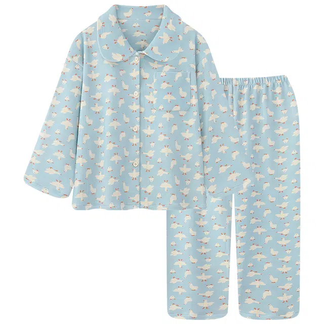 俏霓桐 可爱卡通甜美翻领开衫蓄温保暖德绒加绒长袖长裤家居服可外穿睡衣套装 女款