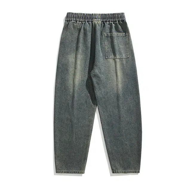 吾皇猫 美式高街潮牌水洗做旧直筒弯刀裤加绒加厚保暖宽松百搭舒适休闲日常通勤牛仔裤 男女同款