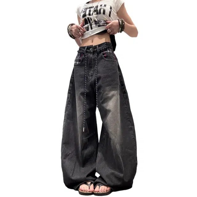 大格子与黑猫 美式复古拼布口袋系绳秋季宽松阔腿垂感做旧拖地长裤子 牛仔裤 男女同款