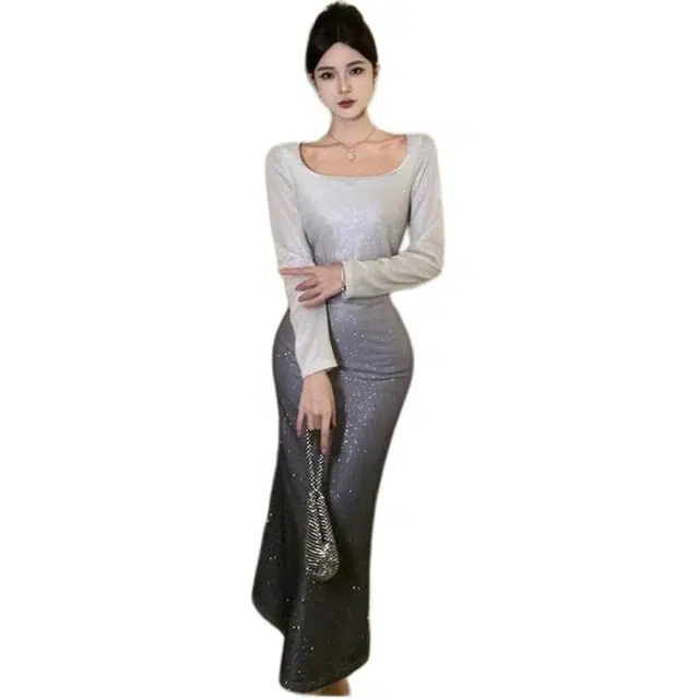 纤丝鸟 名媛风渐变色修身包臀裙百搭气质聚会礼服长袖连衣裙 女款