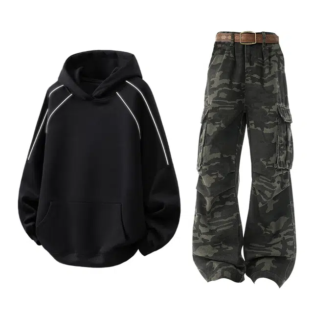 梓润格 秋季美式潮流街头感连帽反光条设计大口袋卫衣宽松时尚舒适日常随性百搭氛围感工装个性多口袋褶皱迷彩长裤休闲运动套装 男女同款