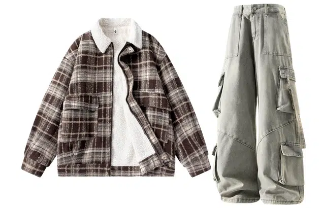 梓润格 美式复古加厚保暖格子呢料棉服情侣羊羔毛呢棉衣高街日系长裤街头风多口袋百搭牛仔裤休闲运动套装 男女同款