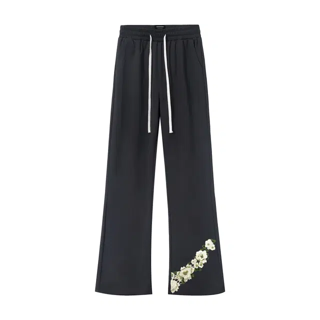 【万针刺绣立体花卉浮雕】布客行 显高显瘦微喇卫裤美式高街简约文艺风弹力松紧腰抽绳直筒阔腿弯刀垂感百搭针织运动长裤休闲裤 男女同款