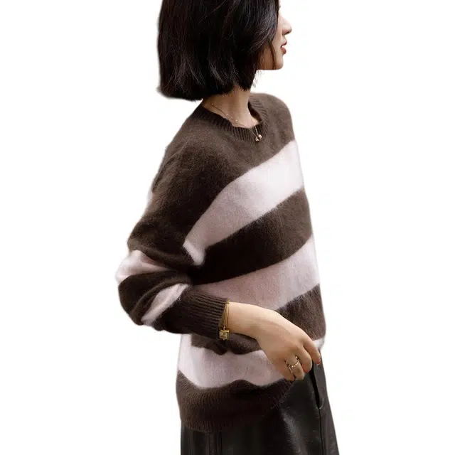 【dme】 冬季复古风圆领撞色条纹落肩宽松上衣高端现代简约时尚潮流高级感慵懒风显瘦遮肉减龄知性智感舒适亲肤保暖针织衫 女款