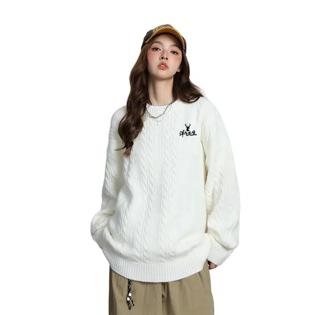 洋气先生 美式潮牌洋气纯色软糯宽松舒适保暖麻花纹理设计圆领上衣无性别主义简约大方日常通勤潮流甜美酷帅休闲时尚百搭针织衫 男女同款