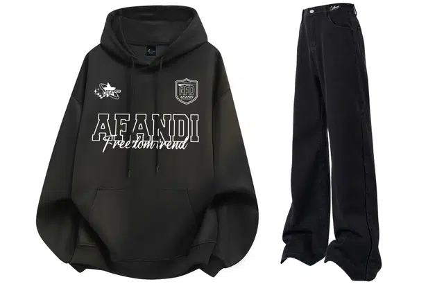 阿凡迪 美式复古街头简约基础个性涂鸦徽章花体字母印花宽松舒适百搭时尚潮流通勤连帽长袖卫衣中腰直筒微喇牛仔裤休闲运动套装 男女同款