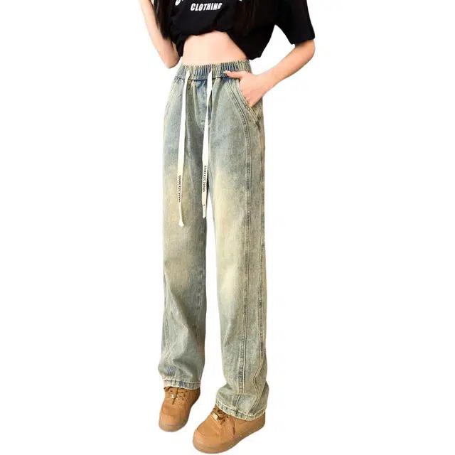 宝米卡 美式怀旧高腰宽松废土风复古长裤直筒阔腿高街松紧腰舒适黄泥百搭休闲牛仔裤 男女同款