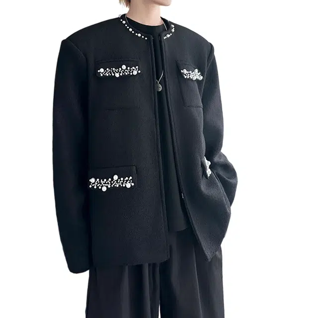 冈哉 新中式多口袋仿珍珠拼接点缀设计时尚潮流个性百搭痞帅高级感短款夹克外套 男女同款