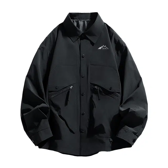 赛琪 美式老钱风复古多口袋工装长袖痞帅翻领衬衫山系户外纯色潮流百搭宽松夹克外套 男女同款